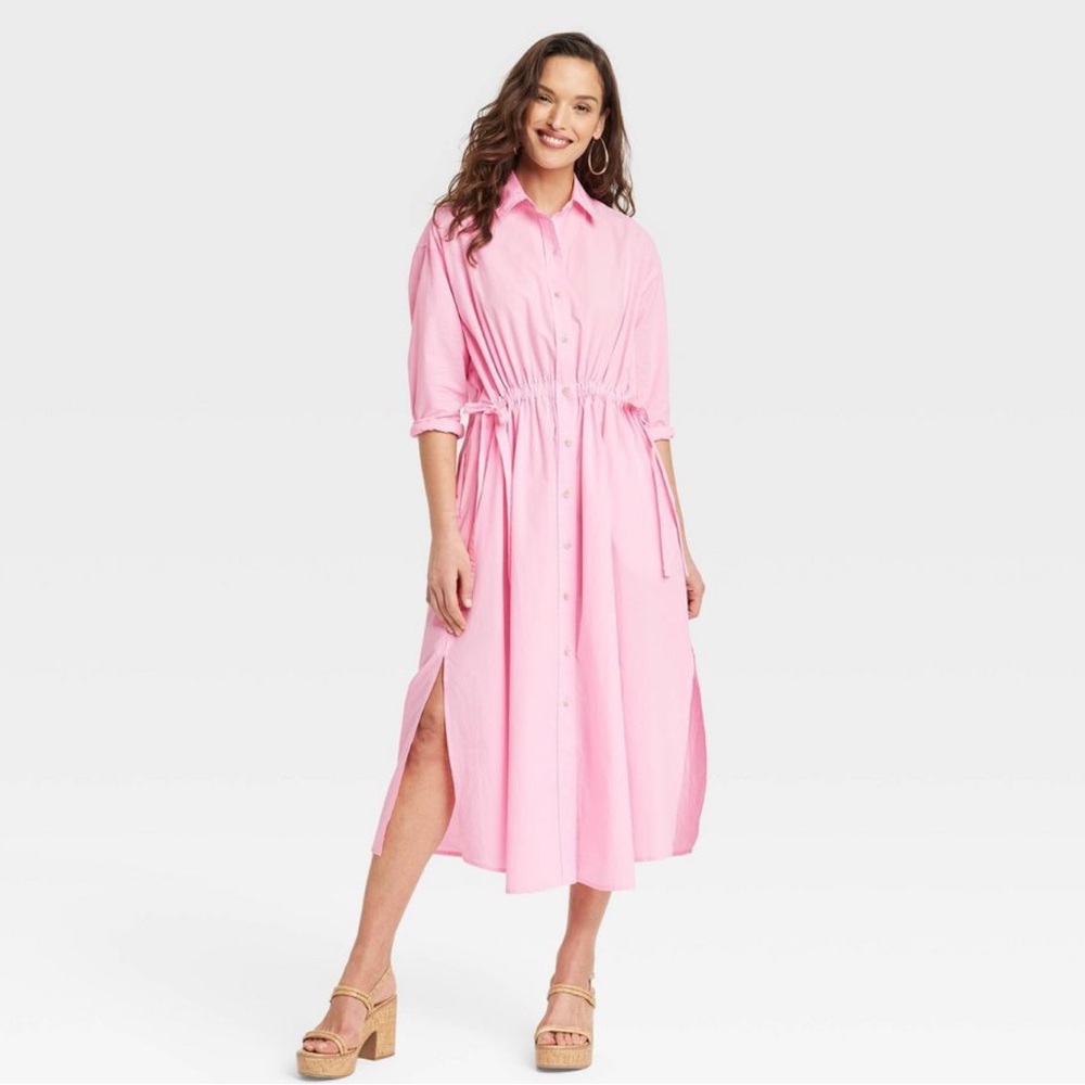 Universal Thread Women's Cinch Waist Midi Shirt Dress Pink L